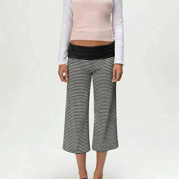 Womens Vintage Aesthetic Solid/Dots Casual Wide Leg Cropped Pants Low Rise Fold Over Loose Fits Stretch Pants Strtwear L260413