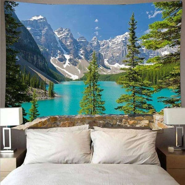 Mountain Forest Lake Tapestry Cheap Natural Scenery Wall Art Thin Polyester Hanging Cloth Ceiling Blanket Home Decor 26Y0413