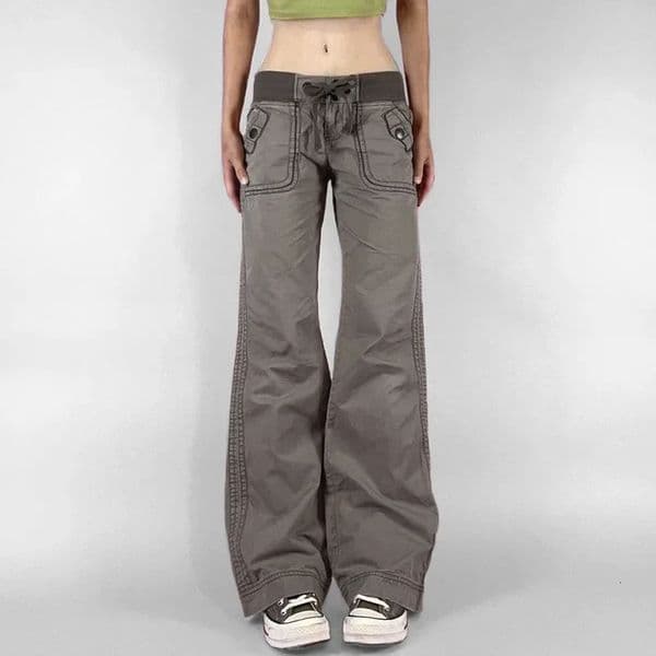 Retro Lace-up Low Rise Pants Streetwear Patchwork Loose Casual for Women Harajuku Straight Trousers Korean Fashion 260410