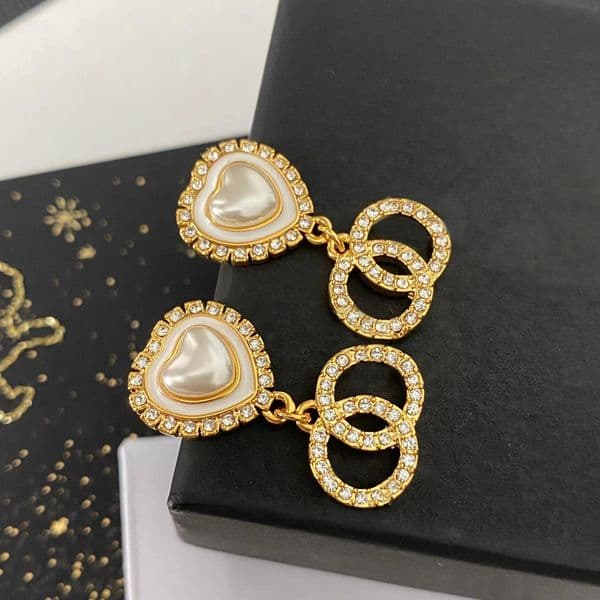Heart Design Ear Stud Earrings Crystal Rhinestone Pearl Real Gold Brass Copper Stamp Letter Earring Fashion Womens Elegance Wedding Party Jewelry Accessories