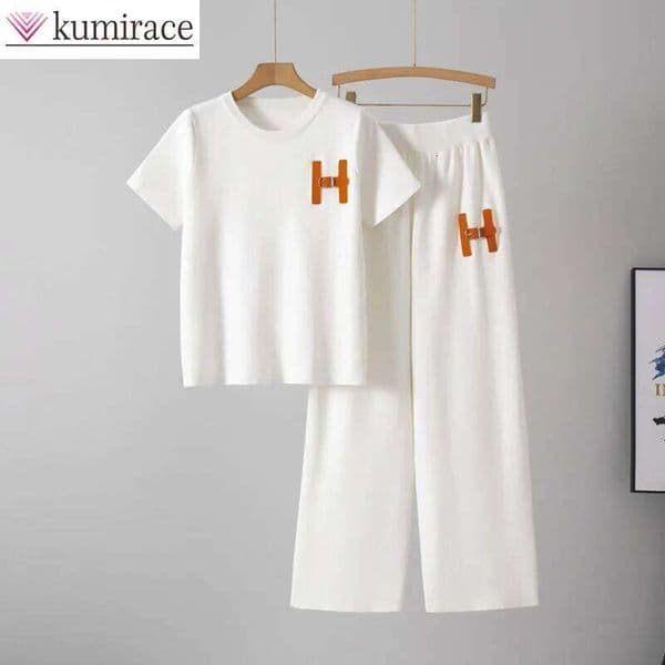 Lazy Fashion Suit Summer New Style Women's Short Sleeved Casual Sports Wide Leg Long Pants Two-Piece Set Trendy Pant Sets