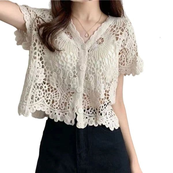 Women French Style Short Sleeve Lace Shrug Hollow Out Crochet Knit Cardigan V-Neck Button Down Sheer Crop for Jac 260413BJ