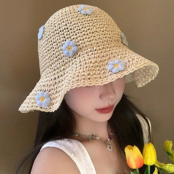 1Pc Woven Flower Decoration Fisherman Hat Summer Sun Shading Straw Woven Hat Fresh Girl Leisure Hat Outdoor Sun Protection Hat 260410