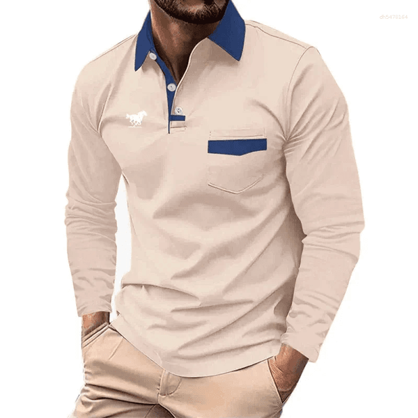 Men's Polos Business Casual Polo Shirt Long-sleeved Tight Pocket Sewn Solid Color Sporty Spring And Autumn