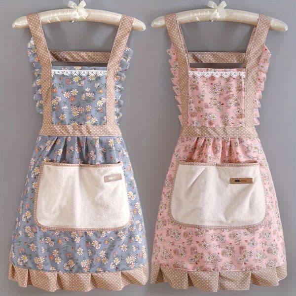 1pc Strap Canvas Floral Apron with Hood Waterproof Oil-resistant Breathable Workwear Waist Apron 260408
