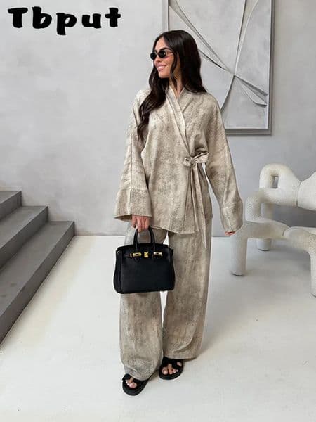 Vintage Womens Trouser Suits Loose V-neck Lace Up Long Sleeve Shirts Wide Leg Pants 2026 Spring Summer 2 Pieces Set Women 260413BJ