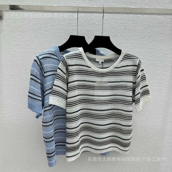 Women's Knits & Tees Designer Product High-end Early Spring New Style Striped Hollow-out Round-neck Knitted Short-sleeve Shirt 416B