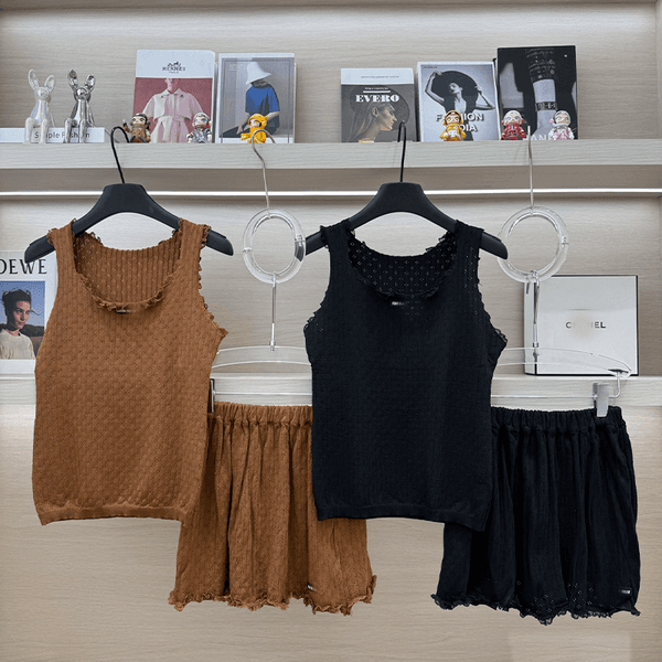 Luxury Designer Textured Knit Sleepwear Set, 2026 New Arrival Women's Lace Trim Tank Top & High Waist Shorts Loungewear