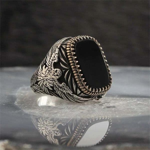 Retro Handmade Turkish Signet Ring Vintage Mens Ancient Metal Eagle Rings Inlaid Black Zircon Party Punk Motor Biker Jewelry 260409