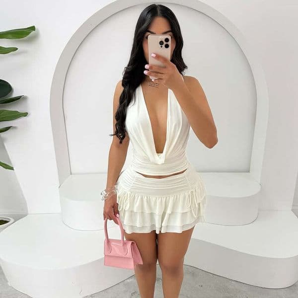 Exclusive cross-border new women's clothing: hollow-out, cropped, off-the-shoulder, tie-up top and cake-style stretchy short skirt two-piece set