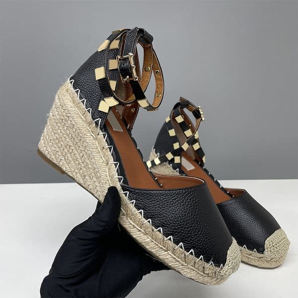 designer wedges heels sandals espadrilles shoes leather heel wedding dress shoes women black 10.5 cm heel adjustable buckle no box 873