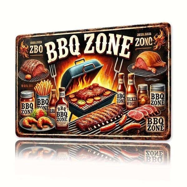 BBQ Zone Metal Sign Retro Tin Wall Art, for Bars, Cafes, Beach Villas, Backyard Farmhouse Decor, Featuring Classic 26Y0413