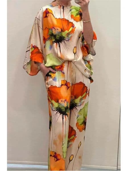 Gradient Printed Satin Two Piece Set Women Long Sleeved Shirts High Waist Loose Straight Pants Sets Autumn Streetwear 260413BJ