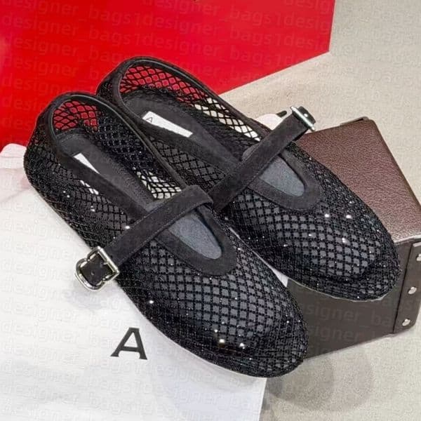 Designer womens mary jane shoe Mesh diamond ballet flats in strass fishnet shoes aiala Luxury ballerinas and suede Moccasin Loafers lady Fishermans shoe dress shoe