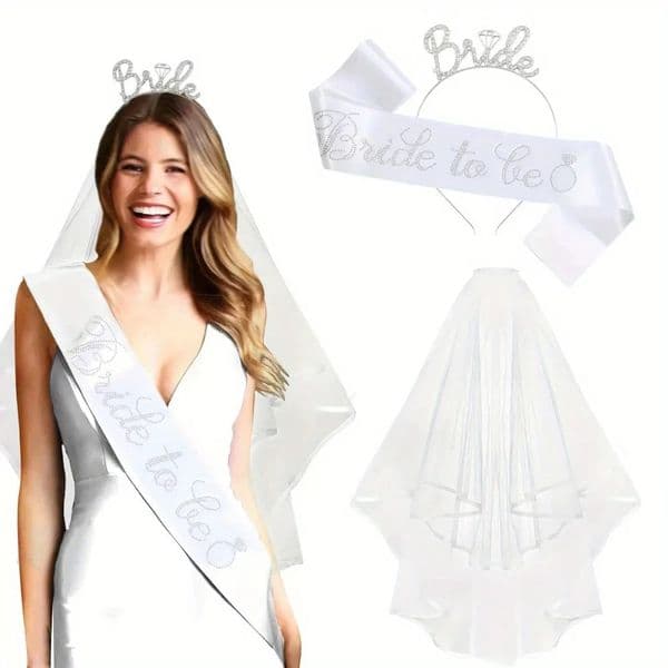 3 Pcs White Bachelorette Party Decorations Bridal Shower Crown Bride to Be SashVeil for Women Gifts 260410