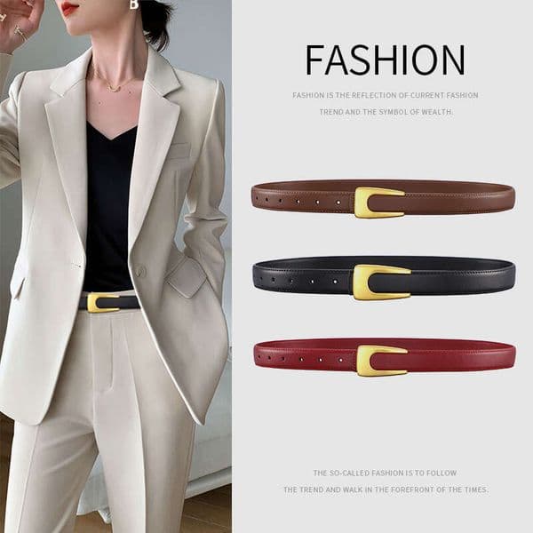 Women's Vintage U-Buckle Leather Belt, 2.3 Cm Wide, Simple Versatile, Suitable For Dresses And Suits