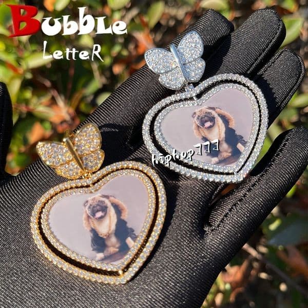 Rotatable Double-Sided Heart Butterfly Clasp Photo Pendant with moissanite Inlay Trendy Hip-Hop Photo Frame Pendant Necklace