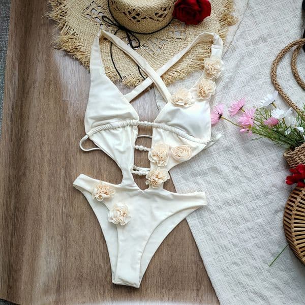 2026 3D Flowers Swimsuit Women Solid Sexy Hollow Out Swimwear Tropical Summer Beachwear Bathing Suit Bodysuit 260331BANJIA