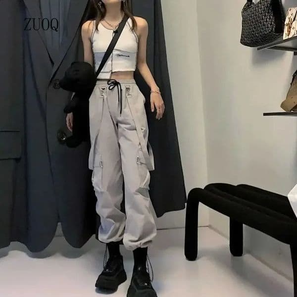 Harajuku Goth Jogging Cargo Pants Women Streetwear Black High Waist Solid Color Oversized Pant Casual Trousers Female 260414
