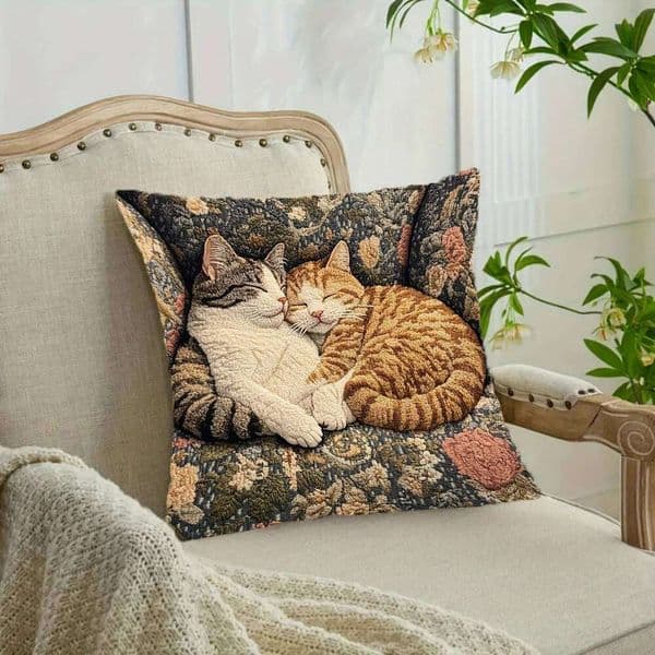 Cozy Cat Print Cushion Cover, Zippered & Machine Washable, Home Sofa Decorative Pillowcase 26L0414
