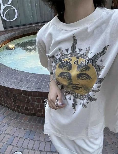 Saint Summer Vintage Rock Washed Cotton Sun Face Printed High Street Casual Loose Oversized Trendy Sports T-shirt For Men Tops Q260414