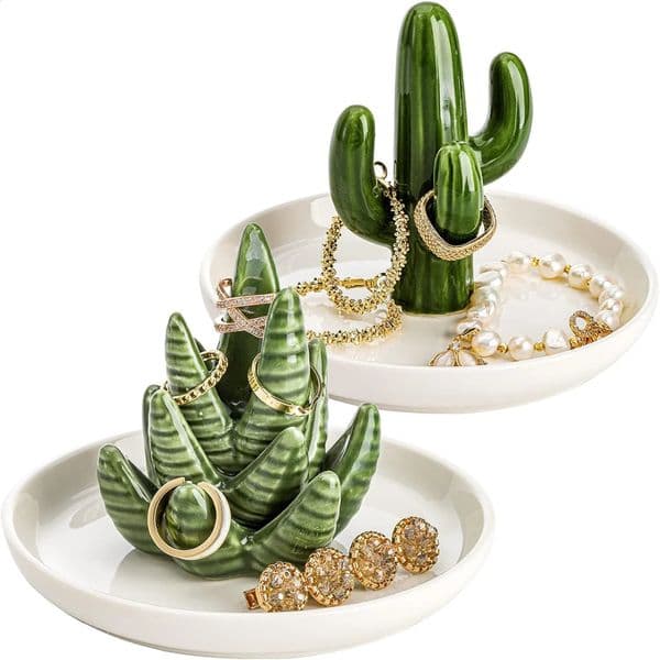 Set of 2 Aloe and Cactus Ring Holder Dish Ceramic Plant Jewelry Bracelet Earrings Necklace Organizer Tray Decorative 260414