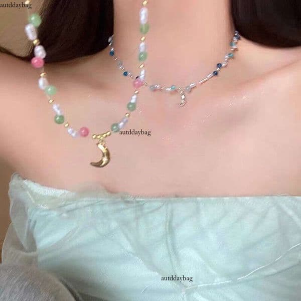 Colorful Beaded Moon Pendant Necklace for Women, New Summer Style, Unique Design, High-End Niche Fashion Collarbone Chain Trend
