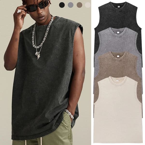 Vintage Acid Wash Cotton Tank Tops for Men Women Gym Workout Bodybuilding Sports Vest Summer Casual Sleeveless Tees 260414