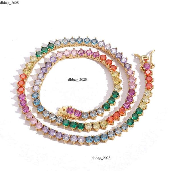 4mm 3-prong chain Silver micro-inlaid with Moissanite Jewelry Hip Hop rap personalized trendy colorful spliced tennis chain