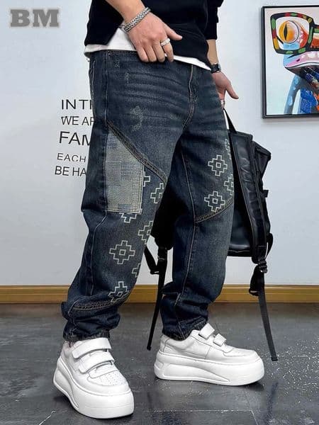 Trendy Patchwork Printed Jeans For Men Denim Straight Leg Pants Streetwear Plus Size Distressed Vintage Oversized Casual Fashion 260410