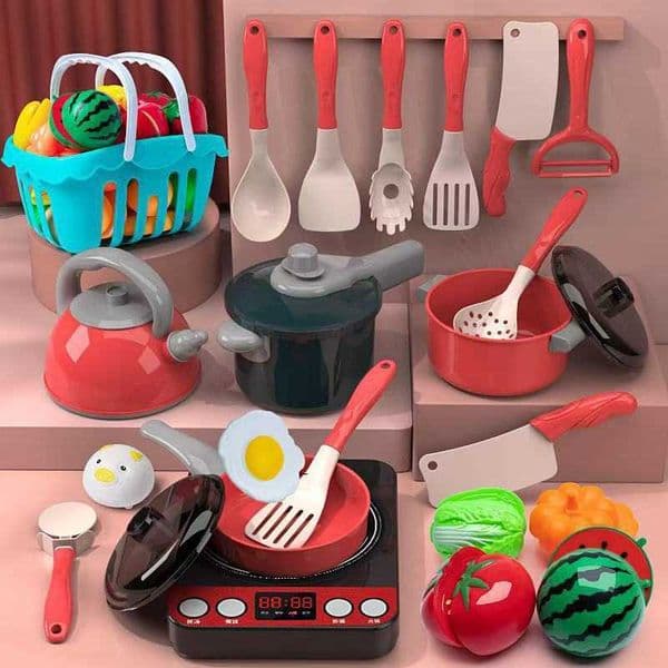 Childrens toy kitchen set for girls pretend play set with simulated induction cooker and toy pot for boys to play with cutting vegetables and fruits S260413