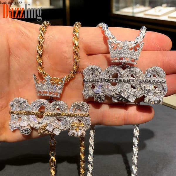 New Hip Hop fashion trend men's Hip Hop letter crown Moissanite pendant necklace jewelry
