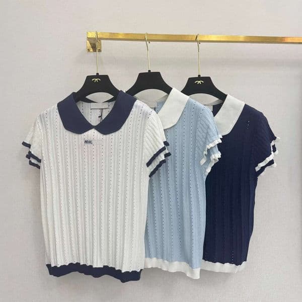 Designer womens shirts 26 Early Spring New Style Color-Block Turn-Down Collar Knit Short-Sleeve With Chest Lettering blouses women a76d