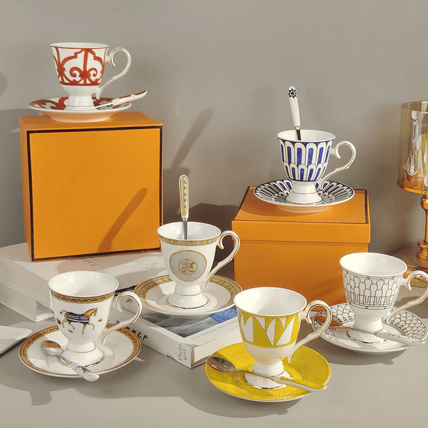 European Retro Light Luxury Trophy Coffee Cup & Saucer Set with Spoon High Foot Vintage Style for Office Home, Recommended Gift