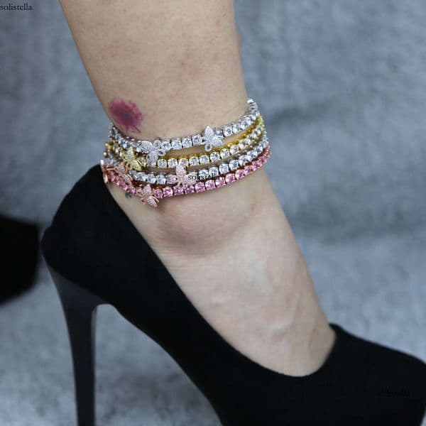 New women's Moissanite tennis chain anklet with small butterfly pendant silver rose gold foot jewelry