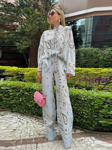 Fashion Printed Two-Piece Outfit Women Full Sleeve Stand Collar Lace Up Shirt Loose Pants 2026 Spring Lady Casual Streetwear 260413