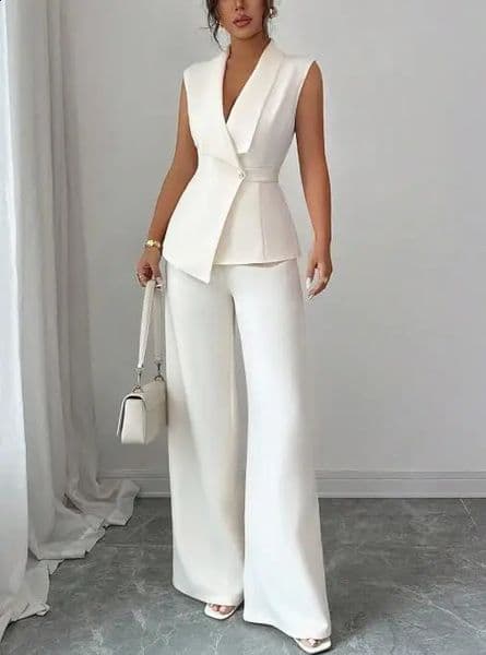 Two Piece Set Women Outfit 2025 Spring Elegant Solid Color V-Neck Sleevelss Cinched Waist Vest Straight Leg Pants Set 260410BJ