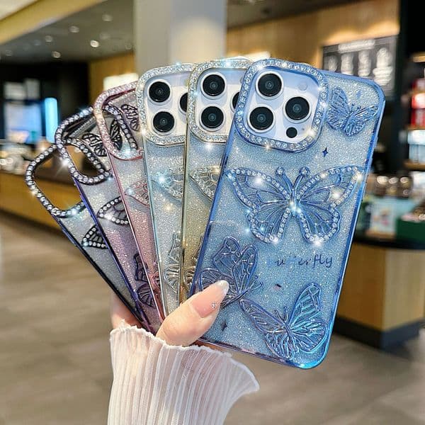 Bling Glitter Rhinestone Butterfly Pattern Soft Phone Case For iPhone 17 Air 16 15 14 Plus 13 12 11 Pro Max For Protective Cover