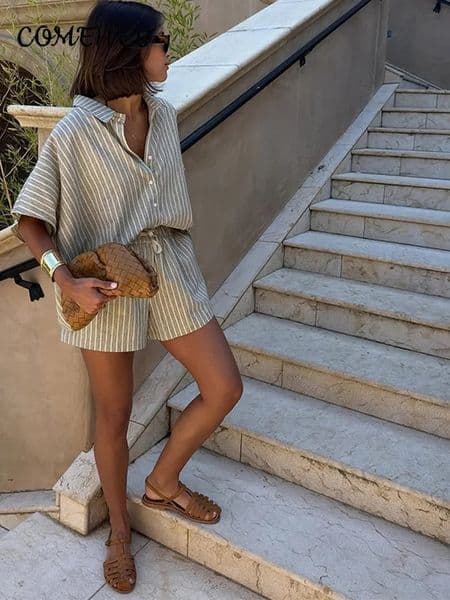 Casual Striped Shirt Shorts Sets Women Lapel Single Breasted Half Sleeve Shirts Lace Up Shorts 2026 Summer Vacation Beach Outfit 260413