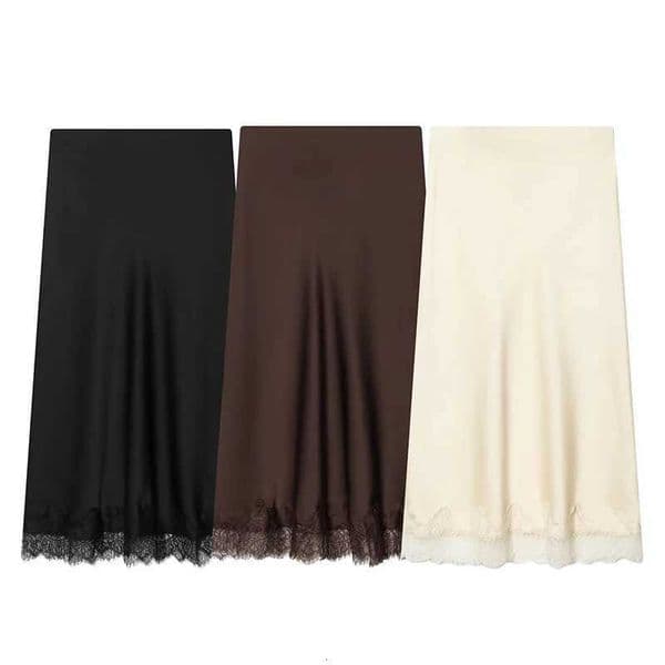 Womens Skirts Fashion Lace Decoration Satin Midi Skirt Vintage Women High Waist Long Skirts X260414