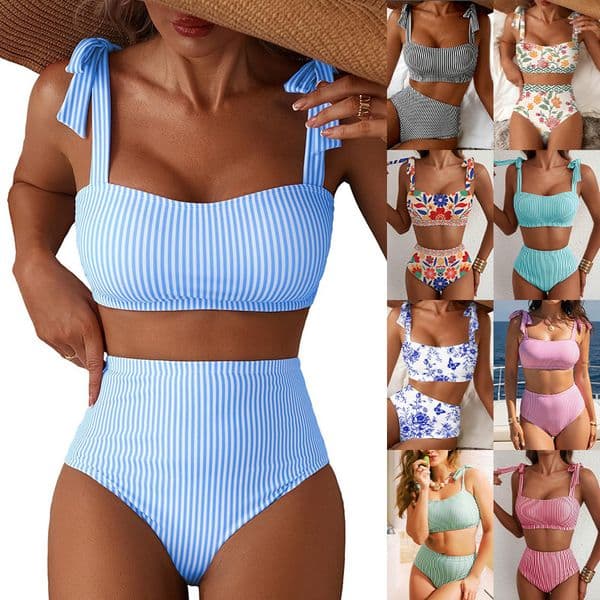 2026 Women's Tie-Shoulder Bikini Set 2-Piece Striped Swimsuit High-Waisted Swimwear