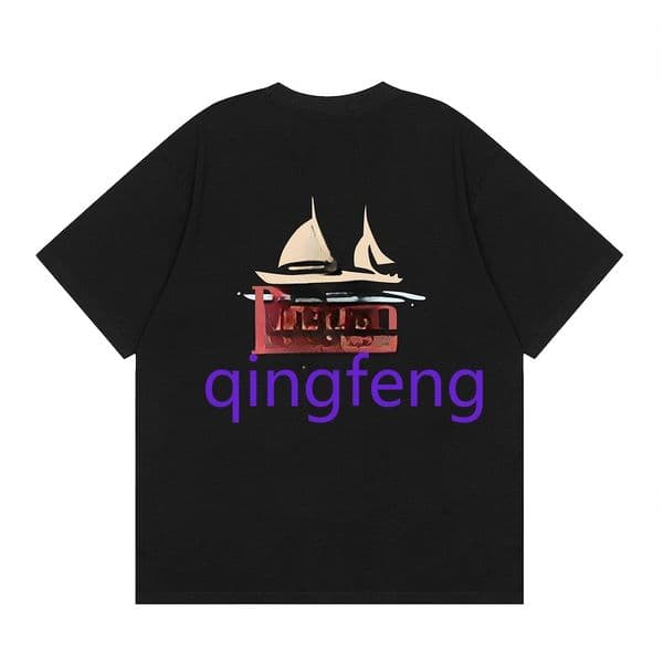 Summer men's trendy white cotton T-shirt with sailboat and coastal patterns, men's street style short sleeved round neck T-shirt