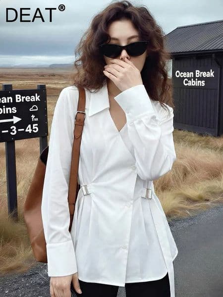 DEAT Fashion White Waist Belt Shirt Womens V-neck Loose Long Sleeves Blouse Spring Summer 260410BJ