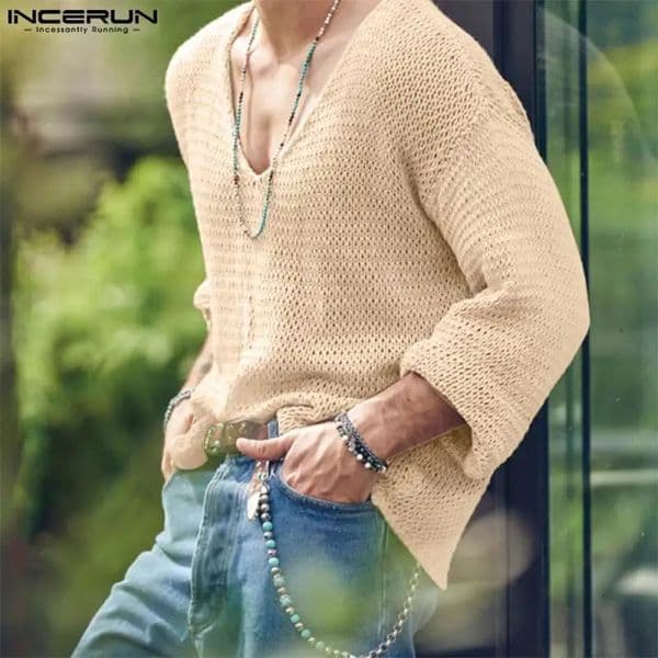 INCERUN Men T Shirt Solid Color Knitted V Neck Long Sleeve Casual Men Clothing Streetwear Hollow Out Loose Camisetas S-5XL 260413