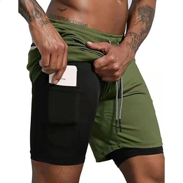 Men Fitness Builtin pocket sports Shorts Summer 2 In 1 Quick Dry Gym Beach shorts Running Doubledeck mesh sweatpants 260414