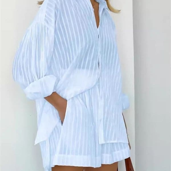 Spring Summer Solid Cotton Short Two Piece Set Women Stripe Long Sleeve Shirts Shorts 2 Piece Sets Simple Style Lady Suit 260413CJ