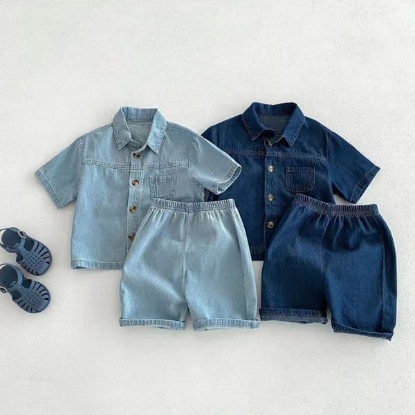 TZ2456 Korean Style Kids Denim Outfit Set Short Sleeve Jeans Pants Trendy TwoPiece for Boys And Girls 260414