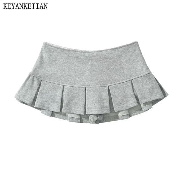 KEYANKETIAN Womens Terry fabric Low waist Y2K Mini Skirt Wide pleat Decoration Light grey Flounce A Line Skort sweet 260414