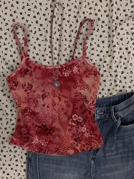 Vintage floral pattern red sexy vest womens short top 260407BJ