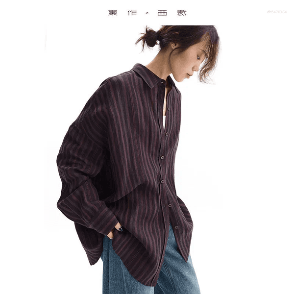 Women's T Shirts Linen-Vertical Striped Long-Sleeved Shirt Cardigan Loose 2026 Spring And Summer Artistic Casual Sun Protection